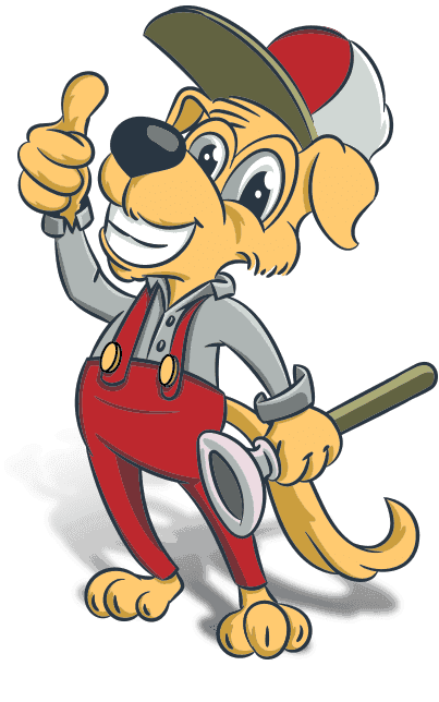 Dog mascot holding plunger