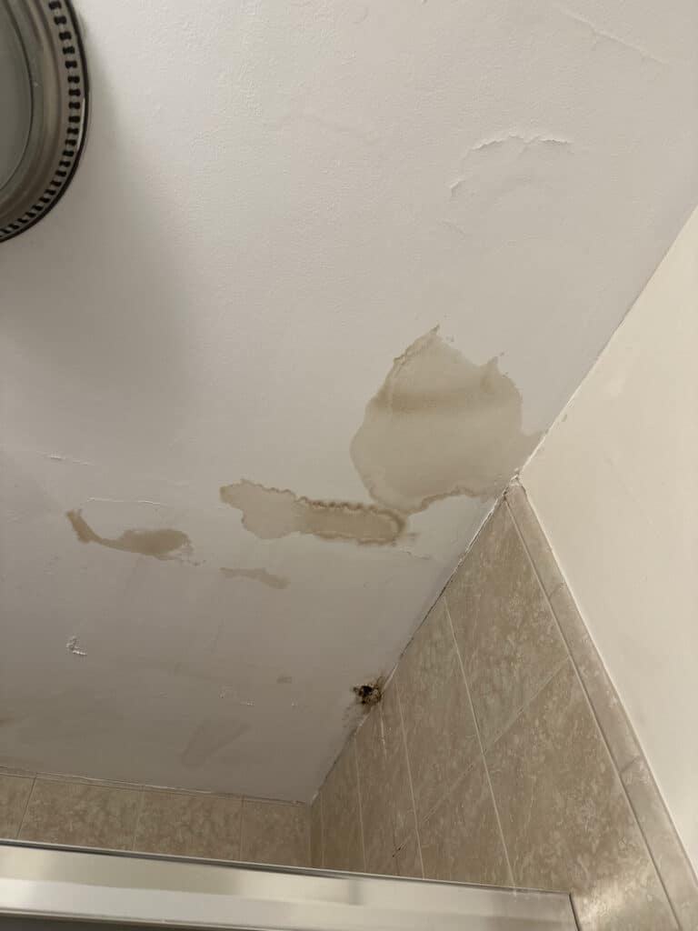 Water leak on ceiling of old bathroom ceiling pipe issue, Hidden Plumbing Leak.