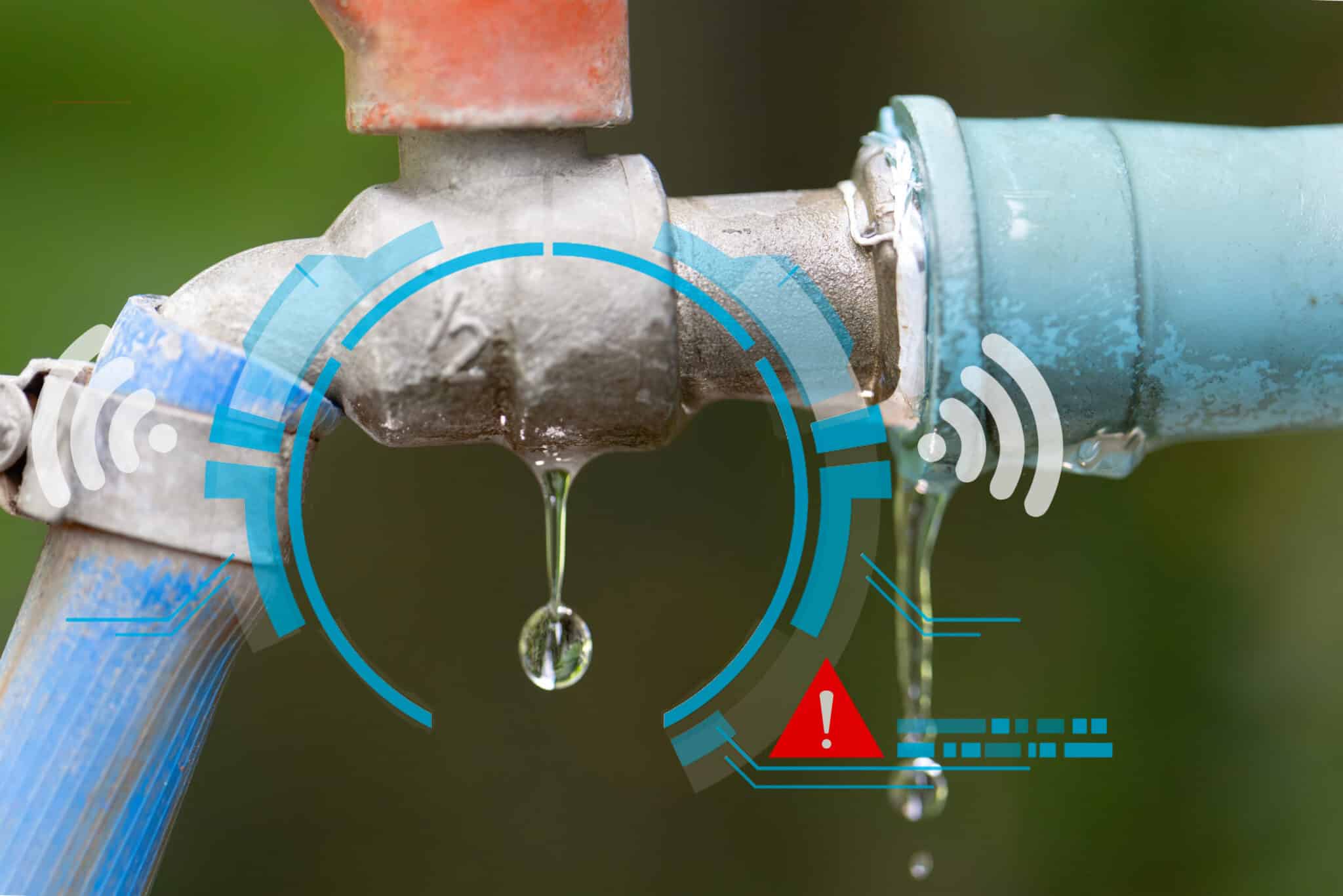 Water Leak Detector Sensor Alert on Leaking Outdoor Tap in Garden, Smart Water Tech.