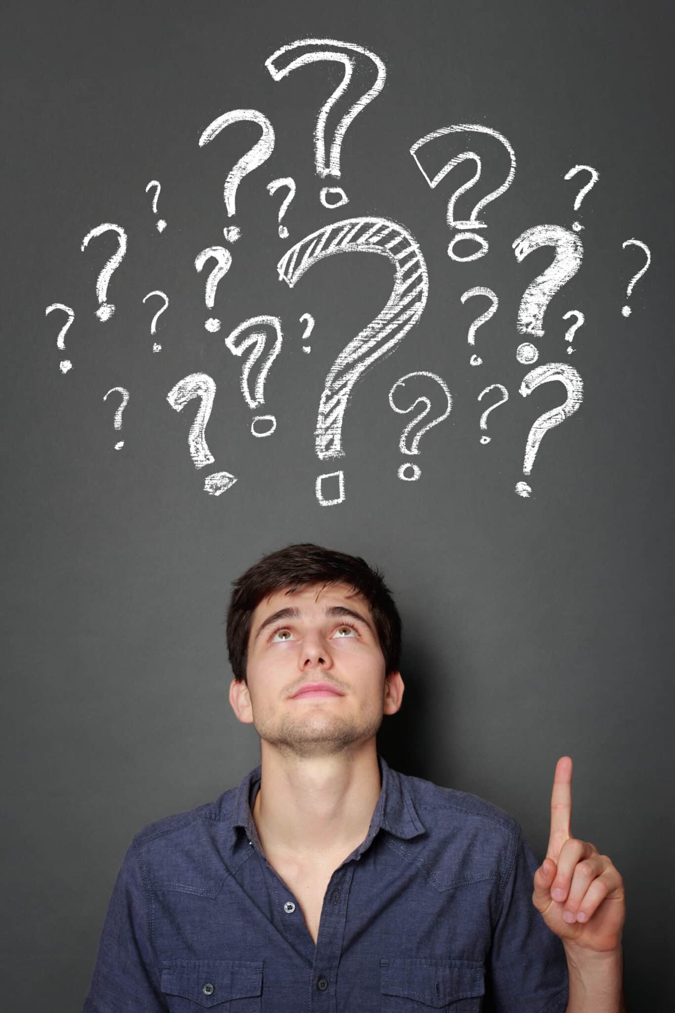 Young man with question mark on a gray background, Noisy Water Heater.